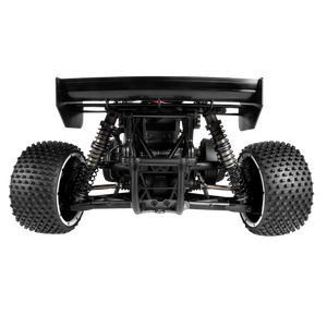 Black off-road vehicle chassis with large tires on a white background