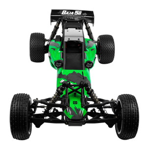 Green and black off-road model car on a white background