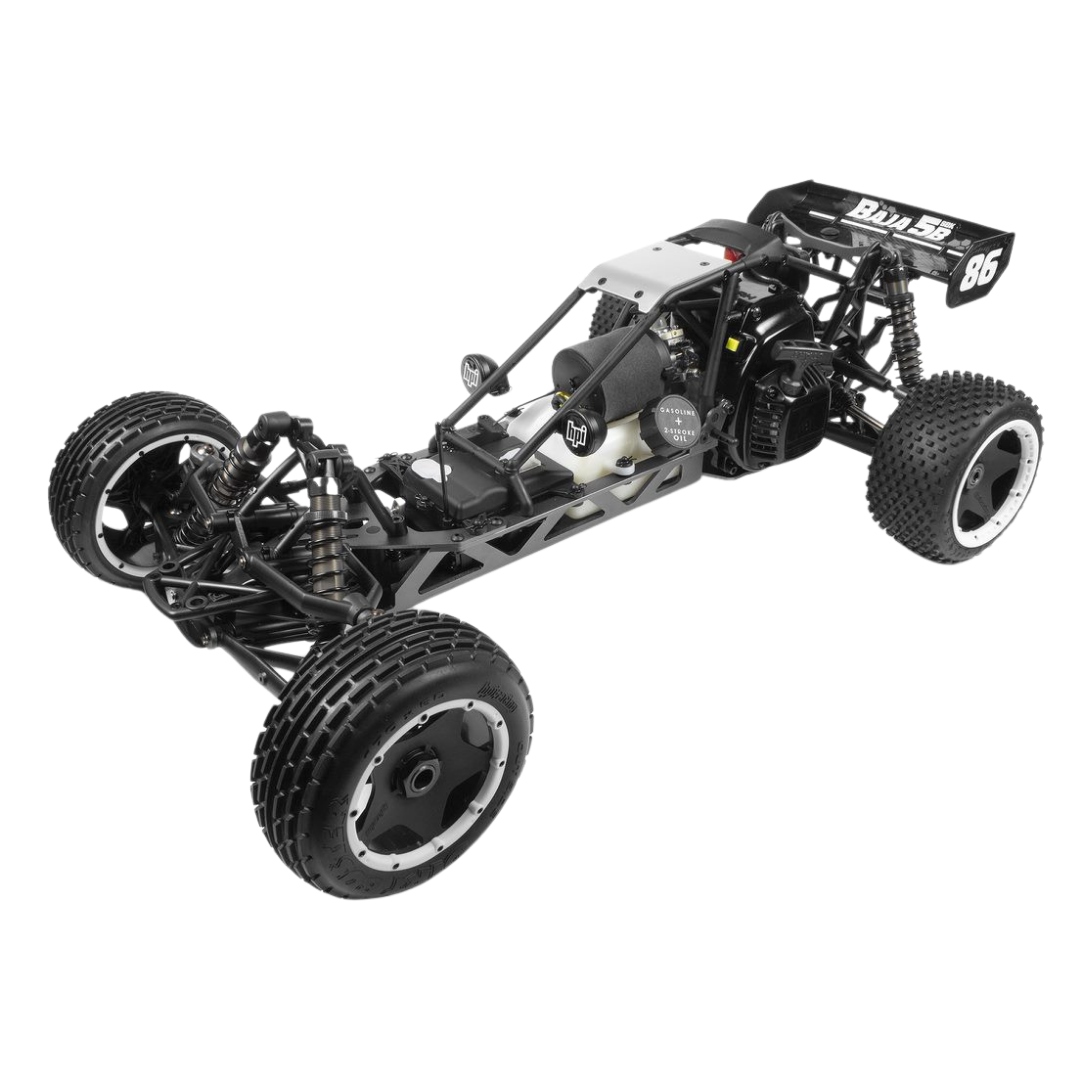 Black and white RC car chassis on a white background