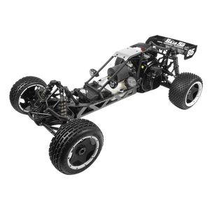 Black and white RC car chassis on a white background