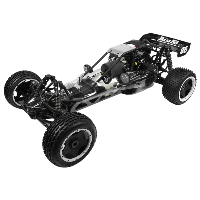 Black and silver off-road vehicle chassis on a white background
