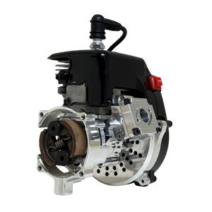 Front view of the HPRC 32cc race ported Zenoah engine highlighting the raw silver clutch assembly, reed case and vented billet bell housing