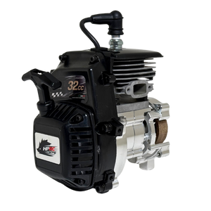 HPRC 32cc race ported Zenoah engine, rear view showing the black cylinder fins, "32cc" HPRC Racing decal and raw silver billet clutch bell