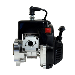HPRC billet reed case 32cc race ported Zenoah engine, side view showing the raw silver reed case, black cylinder head, pull-start handle and red stop switch