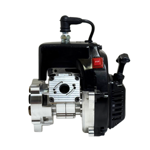 Straight-on side view of the HPRC 34cc race ported Zenoah engine showing the raw silver reed case plate, billet clutch bell edge and red stop switch