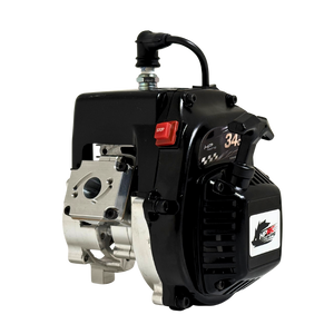 HPRC billet reed case 34cc race ported Zenoah engine, side view showing the raw silver reed case, black cylinder cover, pull-start handle and red stop switch