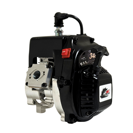 HPRC billet reed case 34cc race ported Zenoah engine, side view showing the raw silver reed case, black cylinder cover, pull-start handle and red stop switch