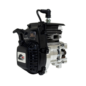 HPRC 38cc race ported Fujiwara engine, rear view showing the black cylinder cover, "38cc" HPRC Racing decal and raw silver billet clutch bell edge