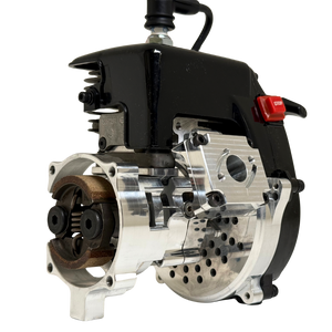 Close side view of the HPRC 38cc race ported Fujiwara engine showing the raw silver billet reed case, clutch bell and cylinder fins in detail