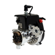 HPRC billet reed case 38cc race ported Fujiwara engine, side view showing the raw silver reed case, black cylinder cover, pull-start handle and red stop switch