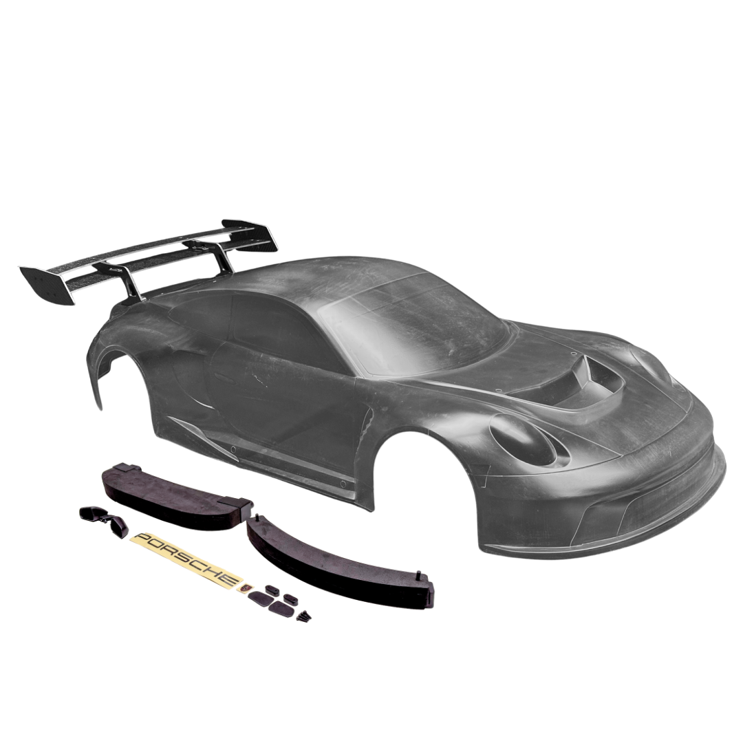 Car body shell with Porsche branding on a white background