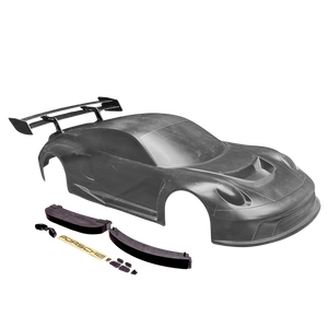 Car body shell with Porsche branding on a white background