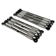 Eight automotive tie rod ends with knurled silver metal centers and black spherical caps, arranged in two parallel rows on a plain white background.