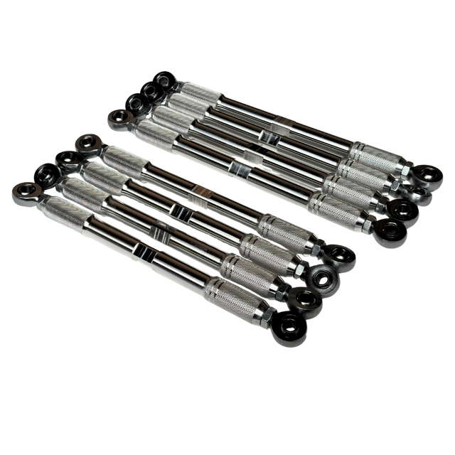 Eight automotive tie rod ends with knurled silver metal centers and black spherical caps, arranged in two parallel rows on a plain white background.
