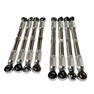 Eight metallic ball-joint bearing extensions arranged in two groups of four on a plain white background.