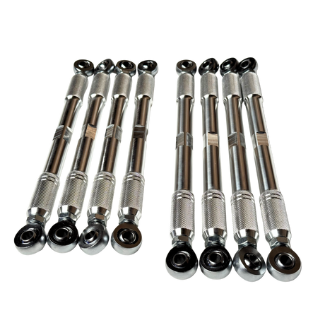 Eight metallic ball-joint bearing extensions arranged in two groups of four on a plain white background.