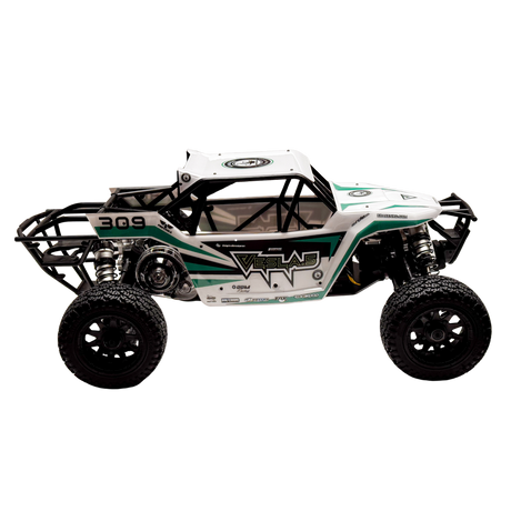 Model off-road vehicle with green and white design on a white background