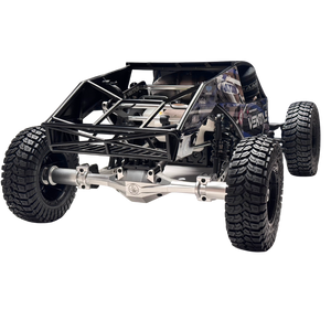 Black off-road vehicle chassis with large tires on a white background