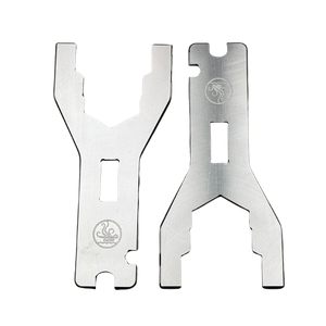 Two metal tools with a logo on a white background
