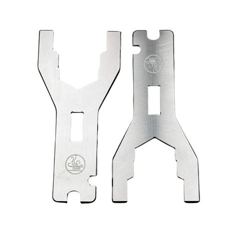 Two metal tools with a logo on a white background