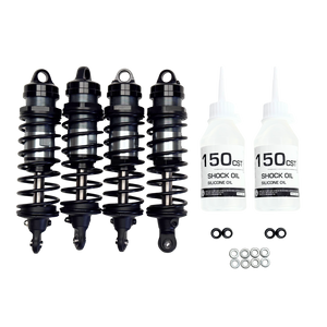 Four shock absorbers and two bottles of shock oil on a white background