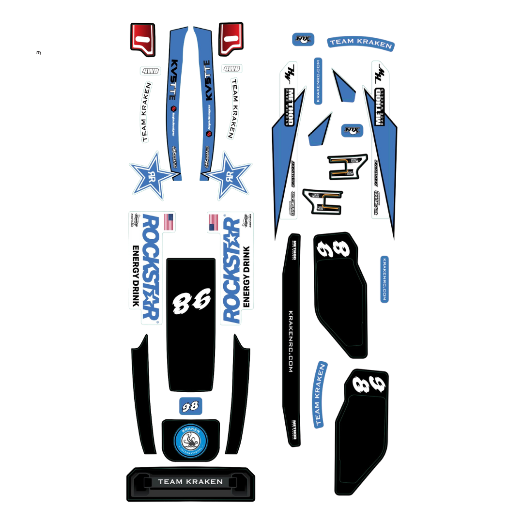A set of blue, white, and black vinyl decals and stickers