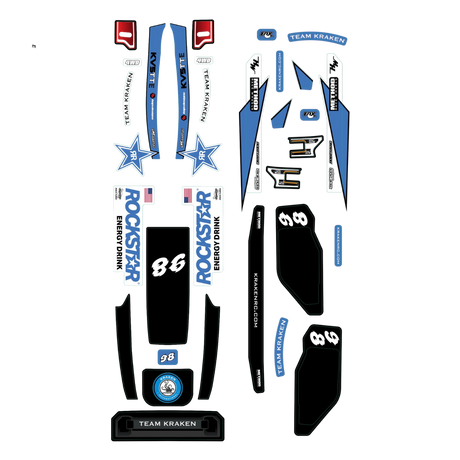 A set of blue, white, and black vinyl decals and stickers