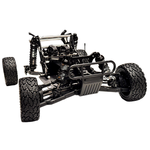 Black off-road RC car chassis on a white background