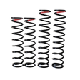 Four black coil springs with red accents on a white background