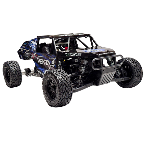 Black and blue off-road RC car with 'Vekta' branding on a white background