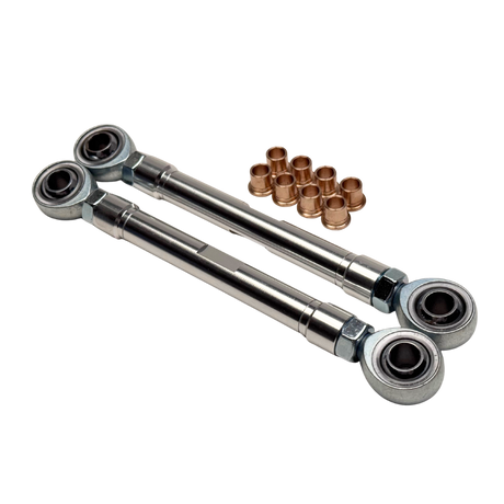 Two metal linkage arms with bearings on a white background