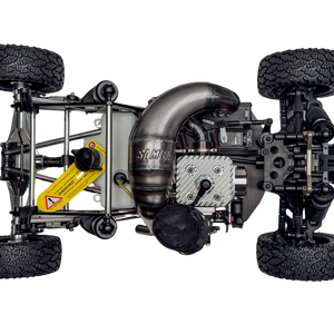 Close-up of a model car chassis with visible engine components on a white background