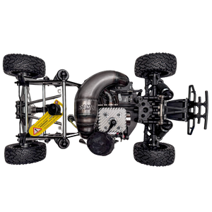 Detailed view of a model car chassis with suspension and engine components on a white background