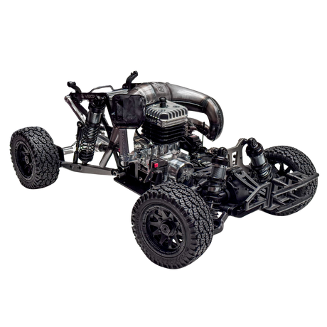 Model car chassis with engine on a white background