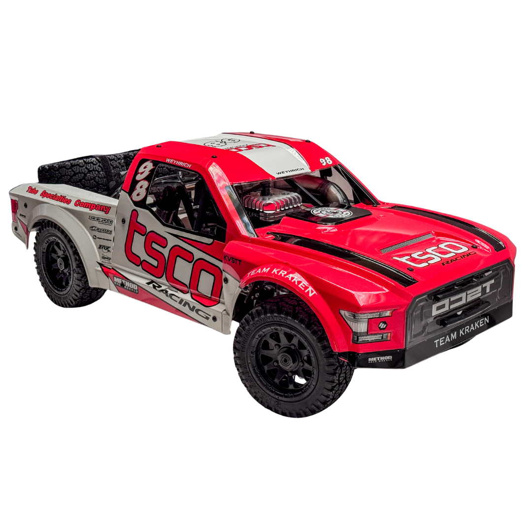 Red and gray off-road truck with visible branding on a white background