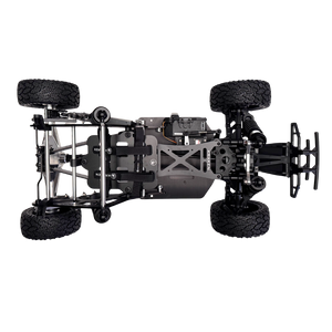 Black off-road vehicle chassis with large wheels on a white background