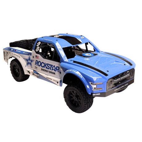 Blue off-road truck with Rockstar Energy Drink branding on a white background
