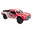 Red and white off-road model truck with 'tsco' branding on a white background