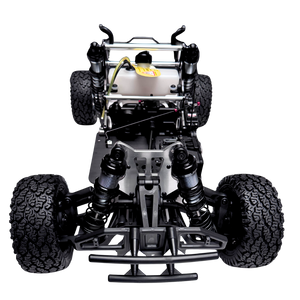 Top view of a black off-road vehicle chassis on a white background