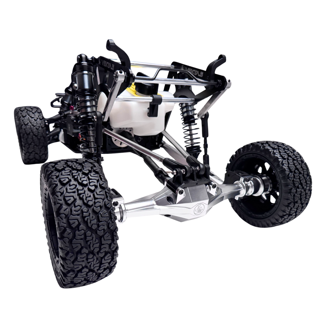 Close-up of a remote control car chassis on a white background