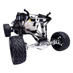 Close-up of a remote control car chassis on a white background