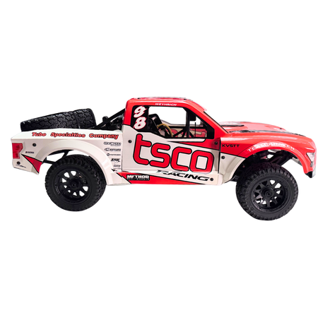 Red and white model truck with 'tsco' branding on a white background