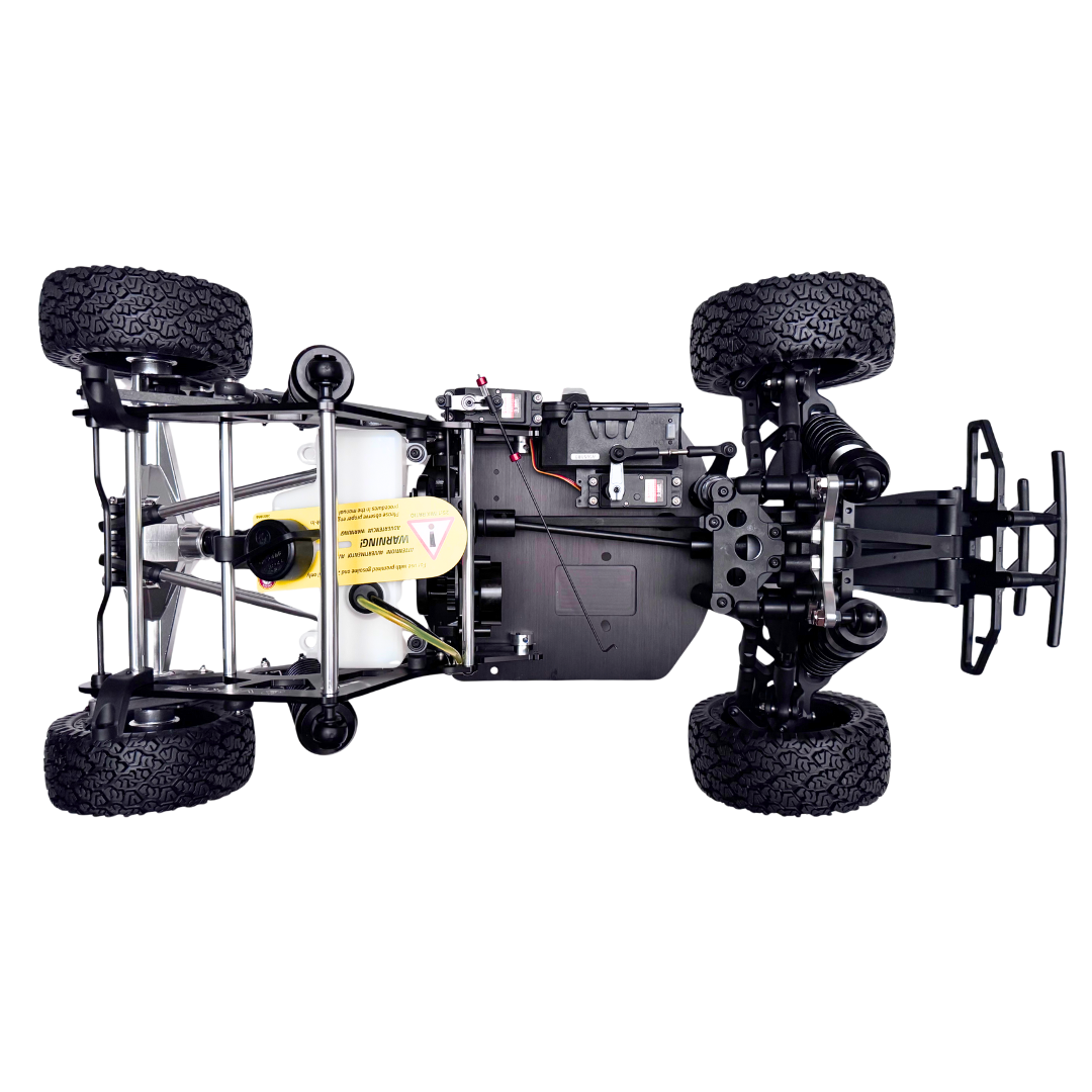 Mechanical model of a vehicle chassis with suspension and tires on a white background