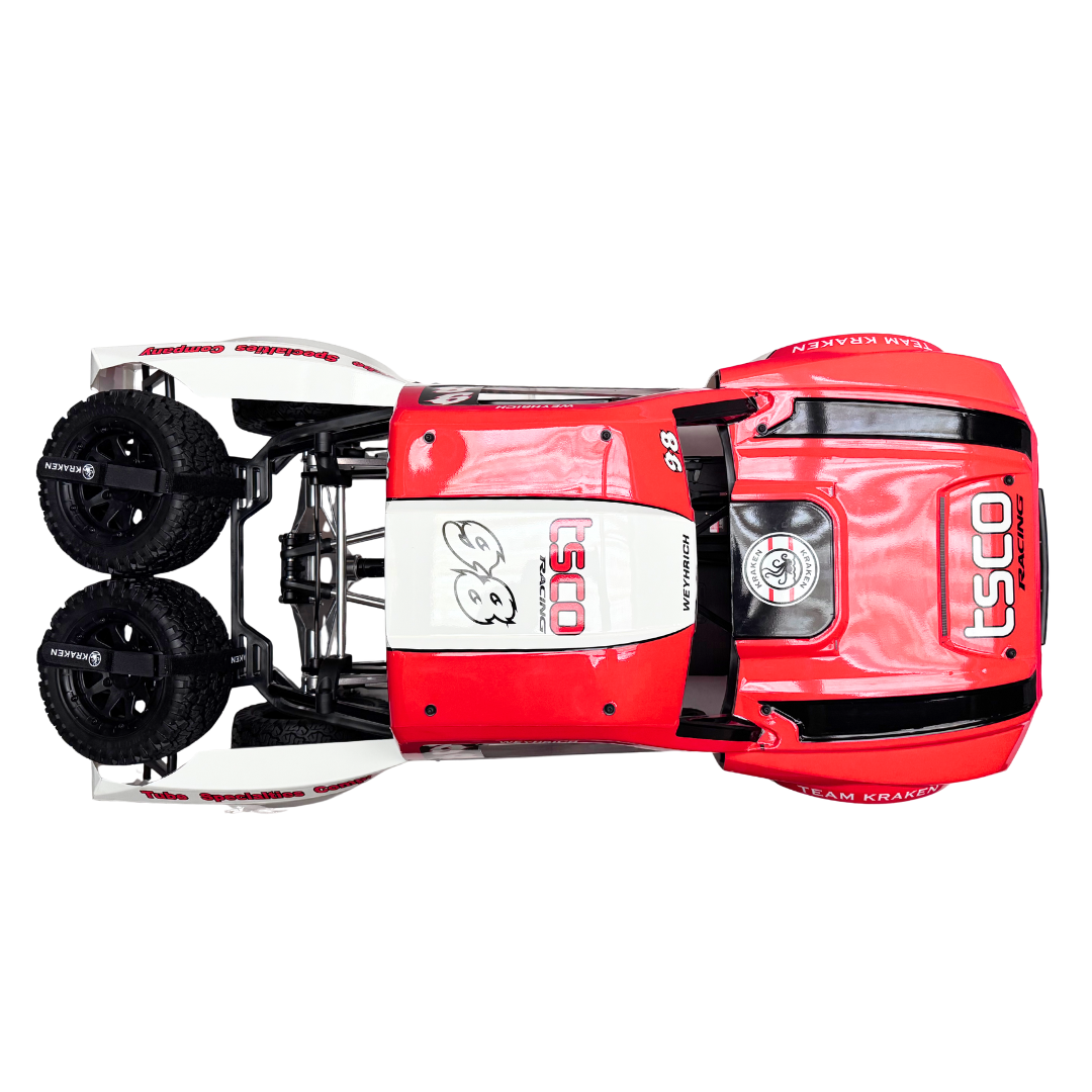 Red and white RC car on a white background