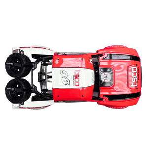 Red and white RC car on a white background