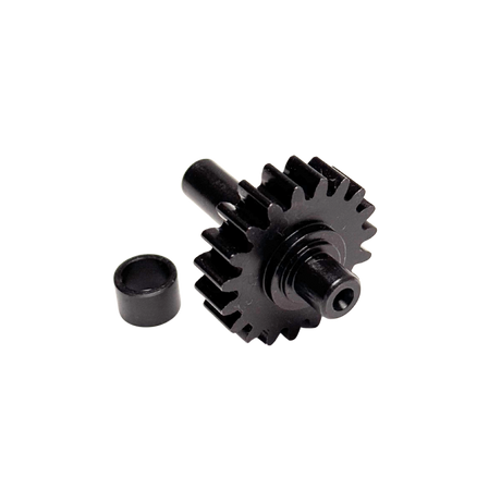 Black metal gear and smaller component on a white background