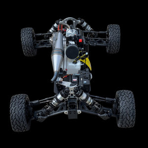 Top-down view of a remote control car chassis on a black background