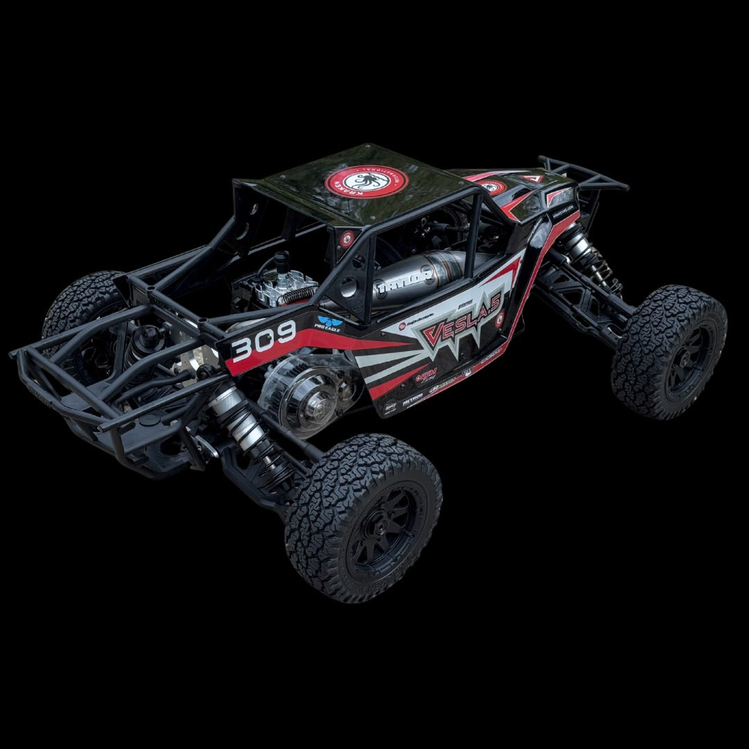 Black and red off-road vehicle model on a white background