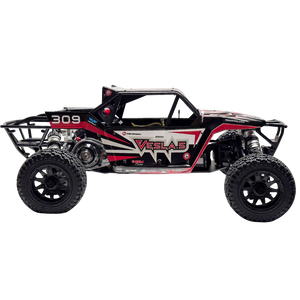 Model off-road truck with black, red, and white design on a white background