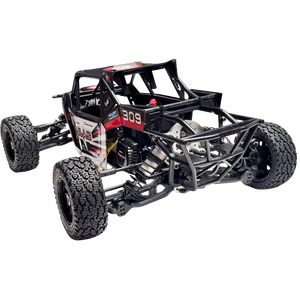 Black off-road RC car chassis with large wheels on a white background